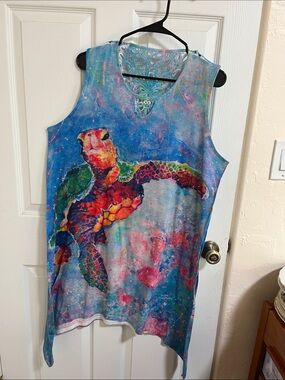 Source Unknown Blue Multi Sea Turtle Sleeveless Midi Dress
